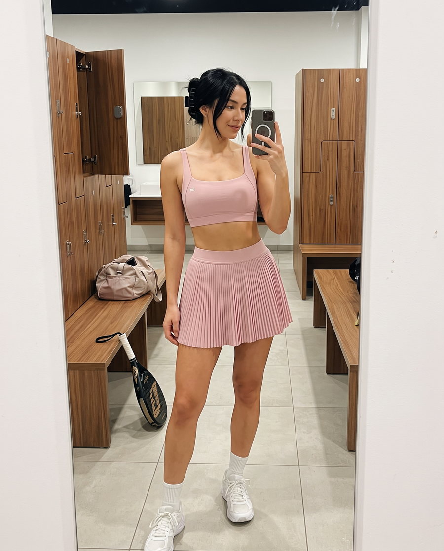 CORA bra top & pleated skirt set – mirror selfie