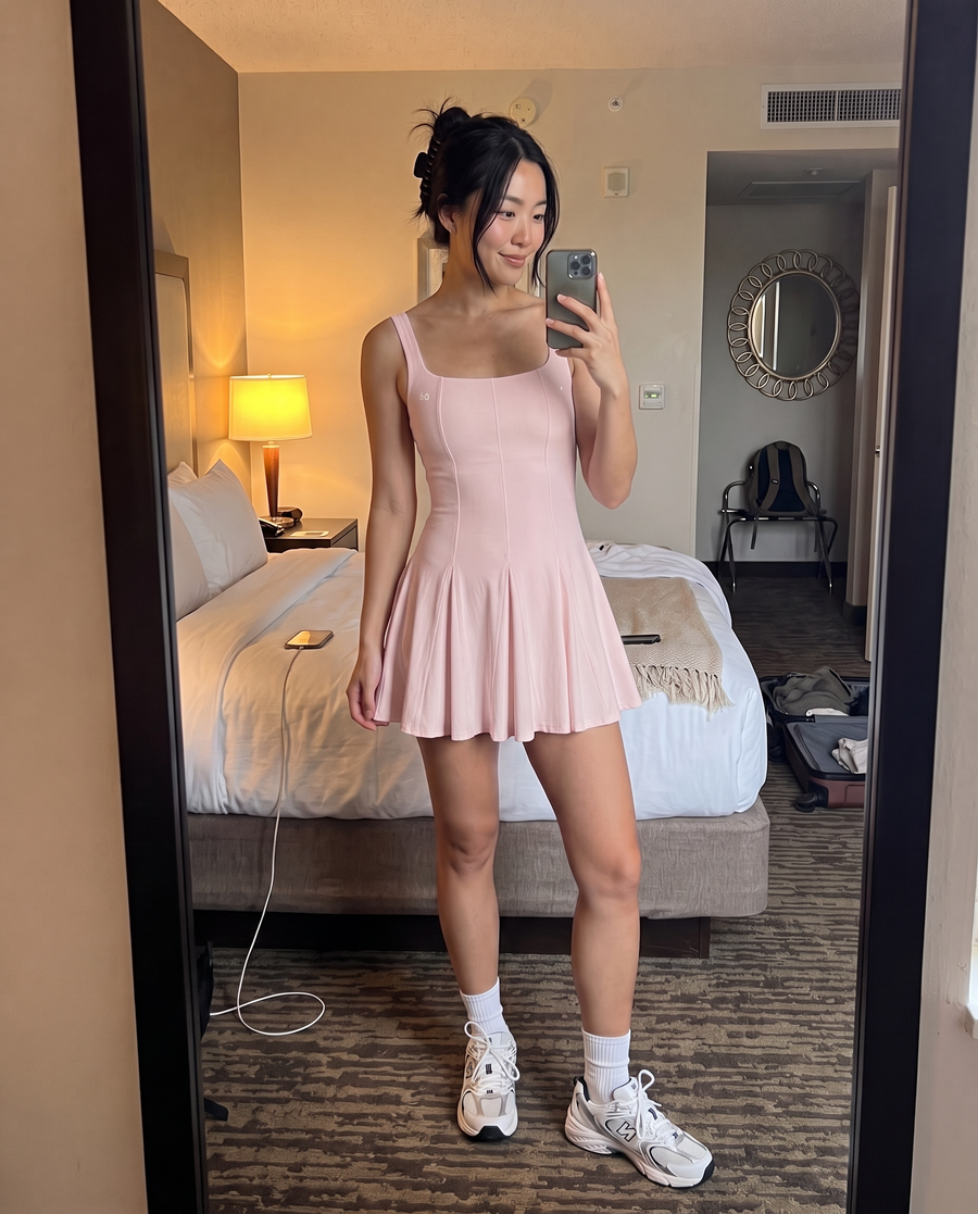 EMMA square neck pleated dress – mirror selfie