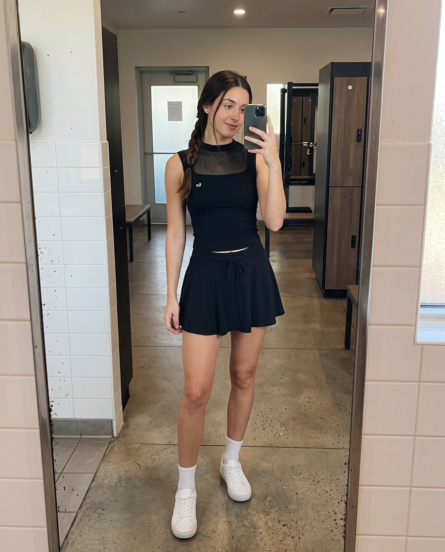 MAYA mesh tank & pleated skirt set – mirror selfie