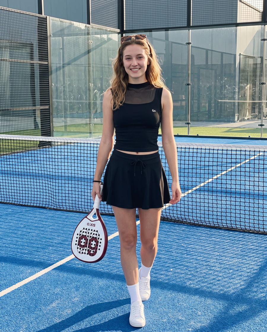 MAYA mesh tank & pleated skirt set – on the padel court