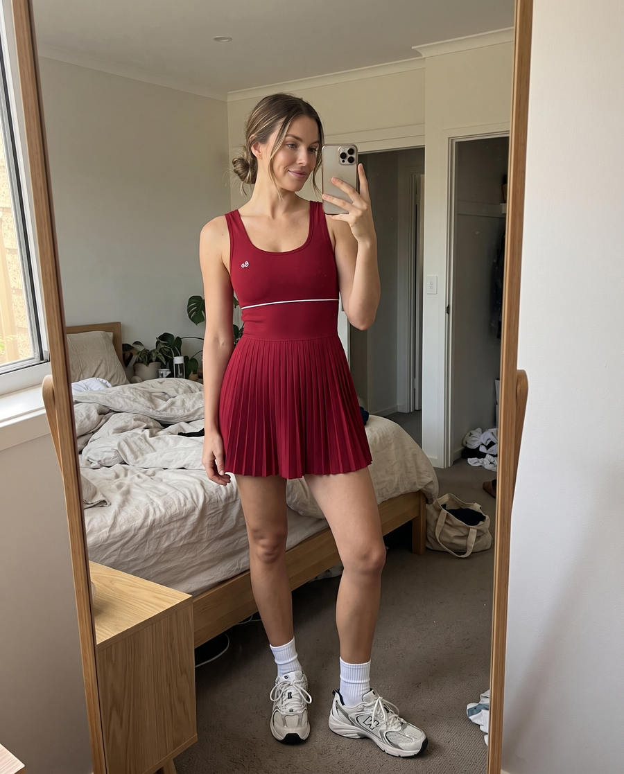 RUBY piped tank pleated dress – mirror selfie
