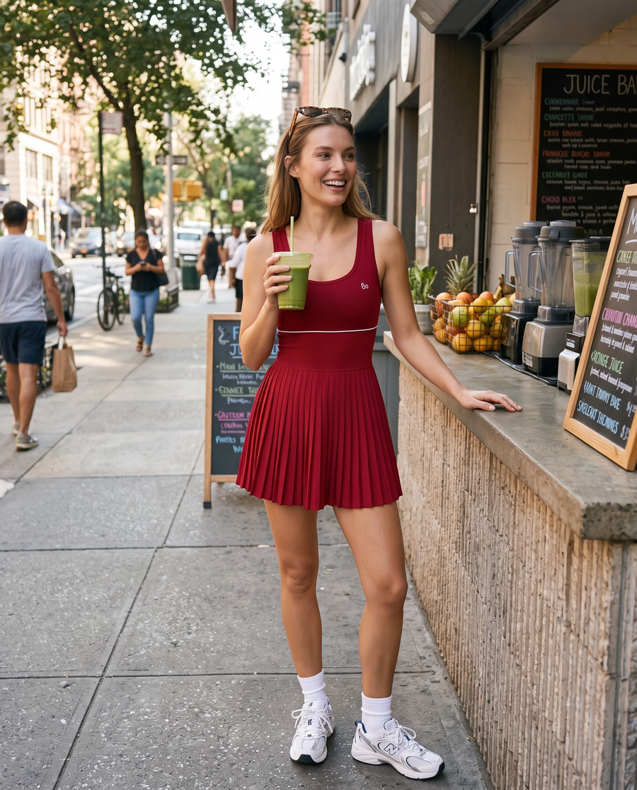 RUBY piped tank pleated dress – everyday look