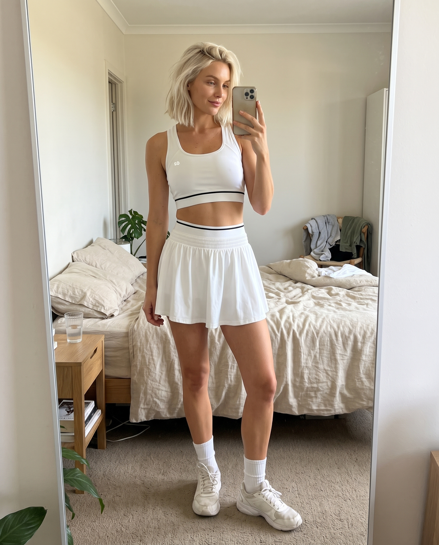 TESSA striped tank & pleated skirt set – mirror selfie