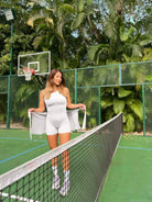 New grey slimming effect short dress with belt (without bra) - Six Zero padel