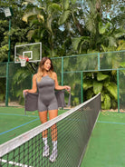 New grey slimming effect short dress with belt (without bra) - Six Zero padel