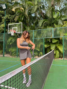 New grey slimming effect short dress with belt (without bra) - Six Zero padel